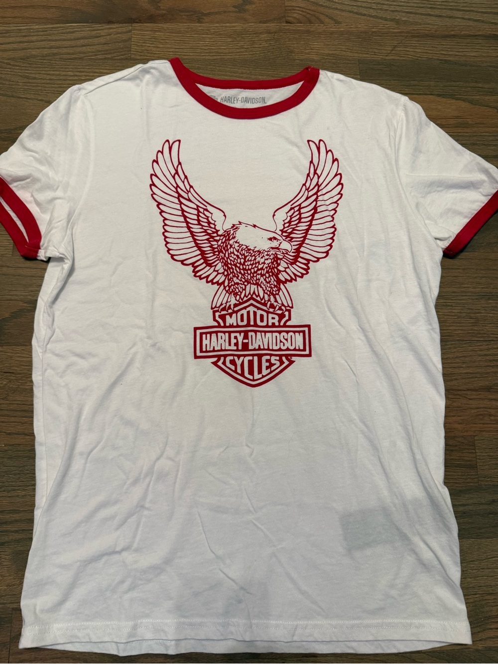 Harley-Davidson White T‑Shirt with Red Eagle Graphic and Ringer Trim